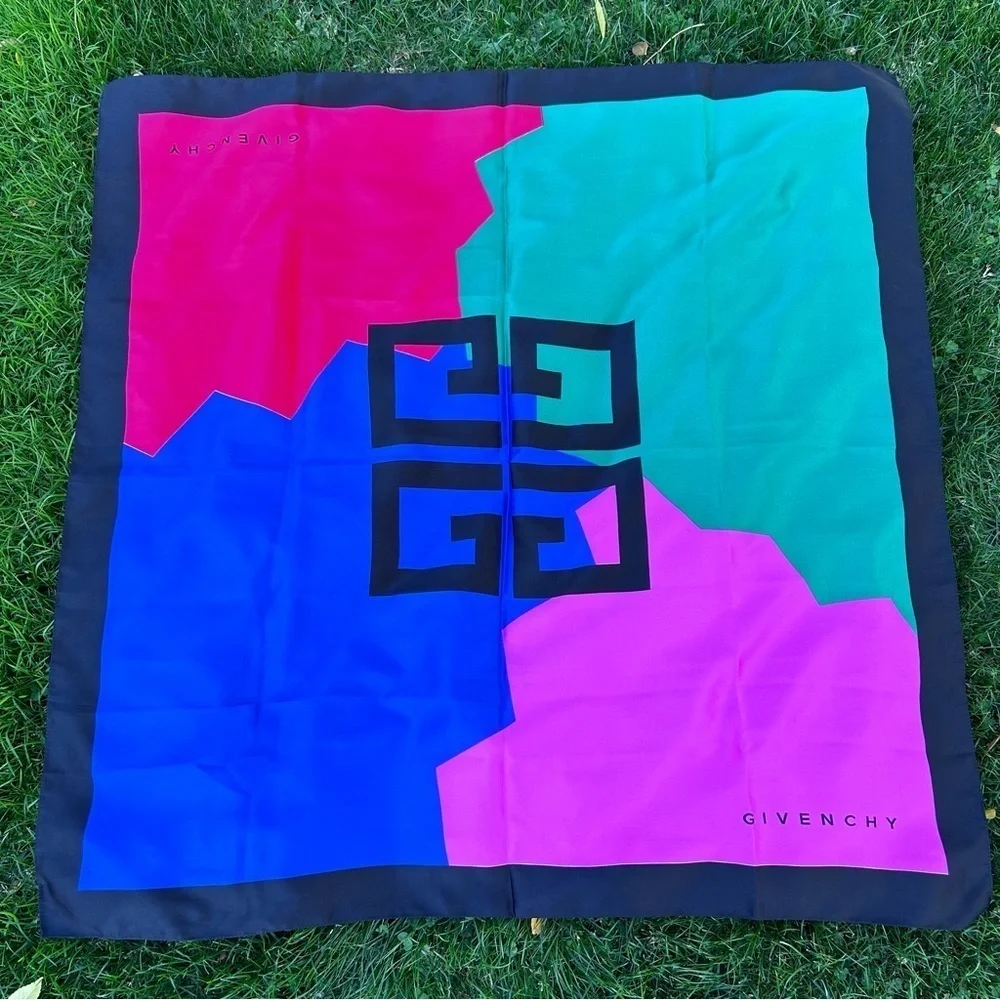 GIVENCHY 1990's Vintage Givenchy Parfums Colour Block Logo Scarf Wrap - Picture 1 of 4